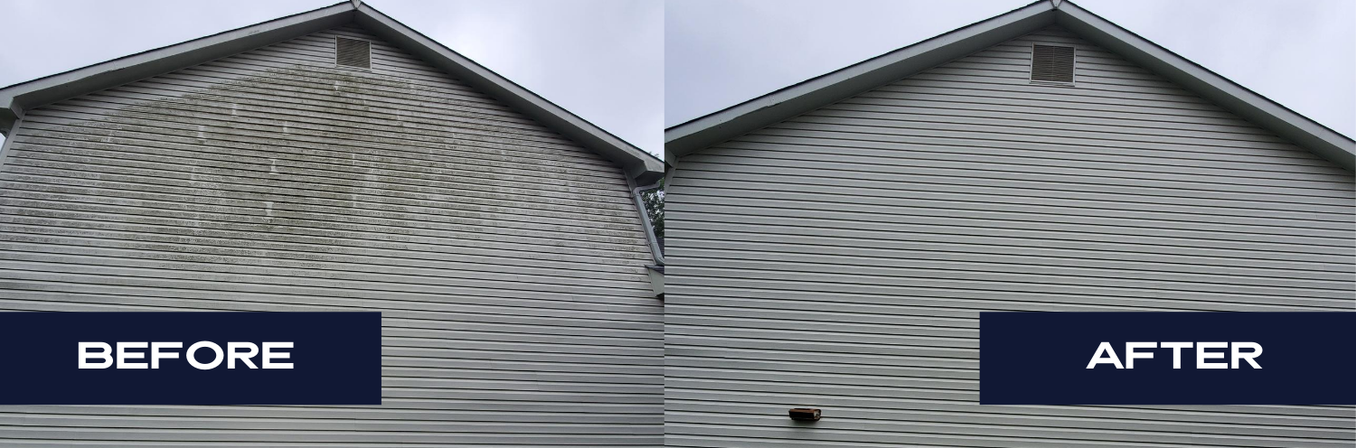 before and after image of freshly power washed siding on a home
