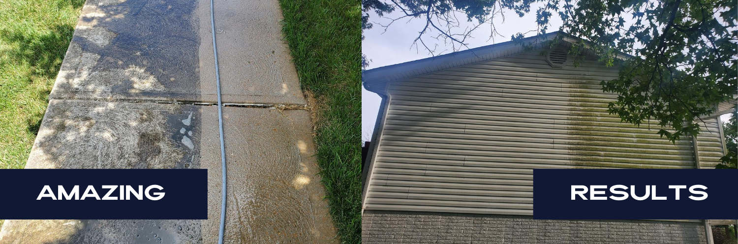 before and after of pressure washed siding and sidewalk